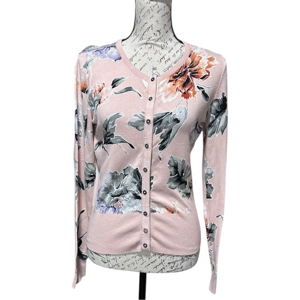 WHBM Peachy Pink Floral Print Long Sleeve Cardigan Size Small